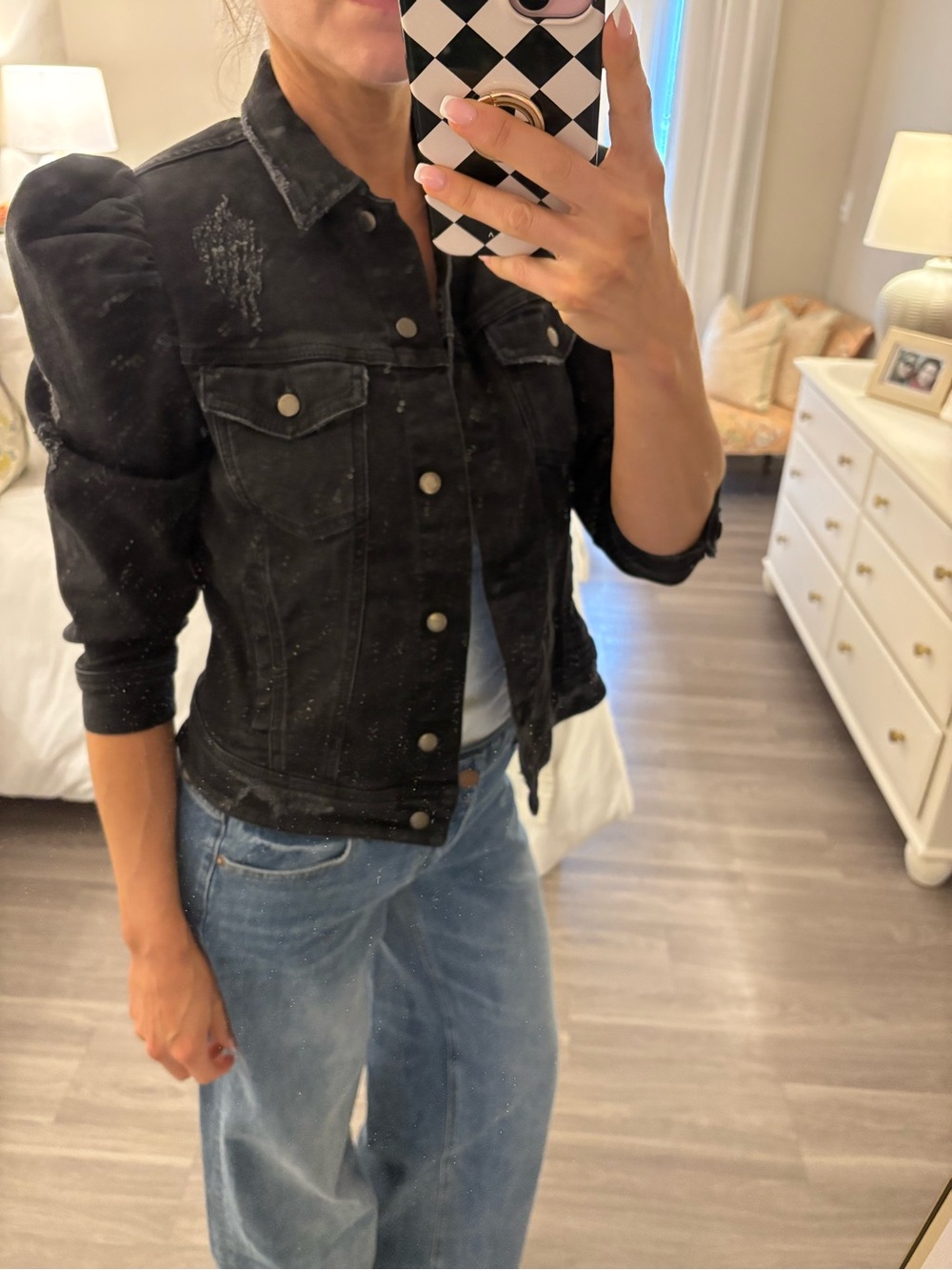 Black Puff Sleeve Denim Jacket - Women Jackets & Coats - Picture 2 of 7